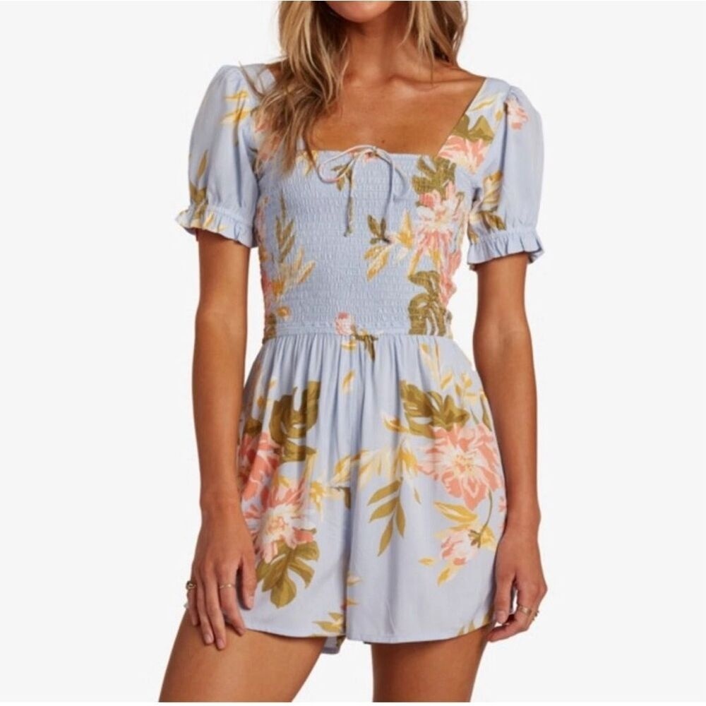 Billabong Flirty Day‎ Blue Floral Short Sleeve Romper Playsuit Sz M Womens